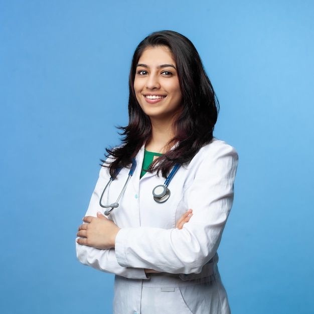 A smiling doctor in a white coat with a stethoscope